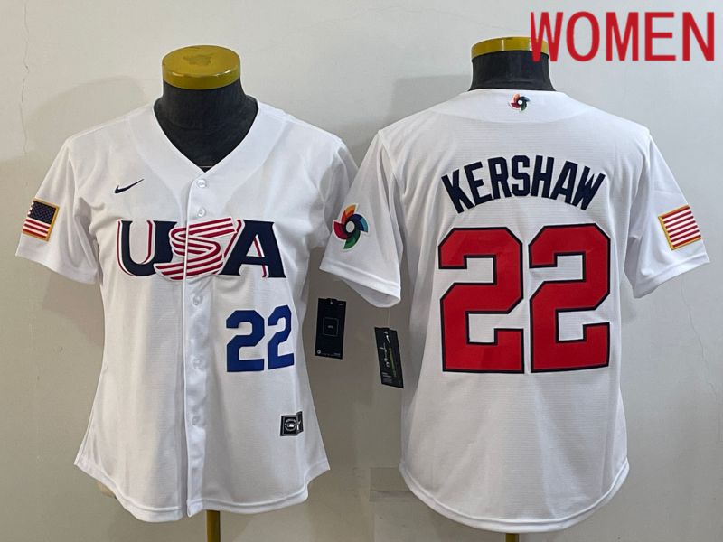 Women 2023 World Cub USA #22 Kershaw White Nike MLB Jersey5->women mlb jersey->Women Jersey